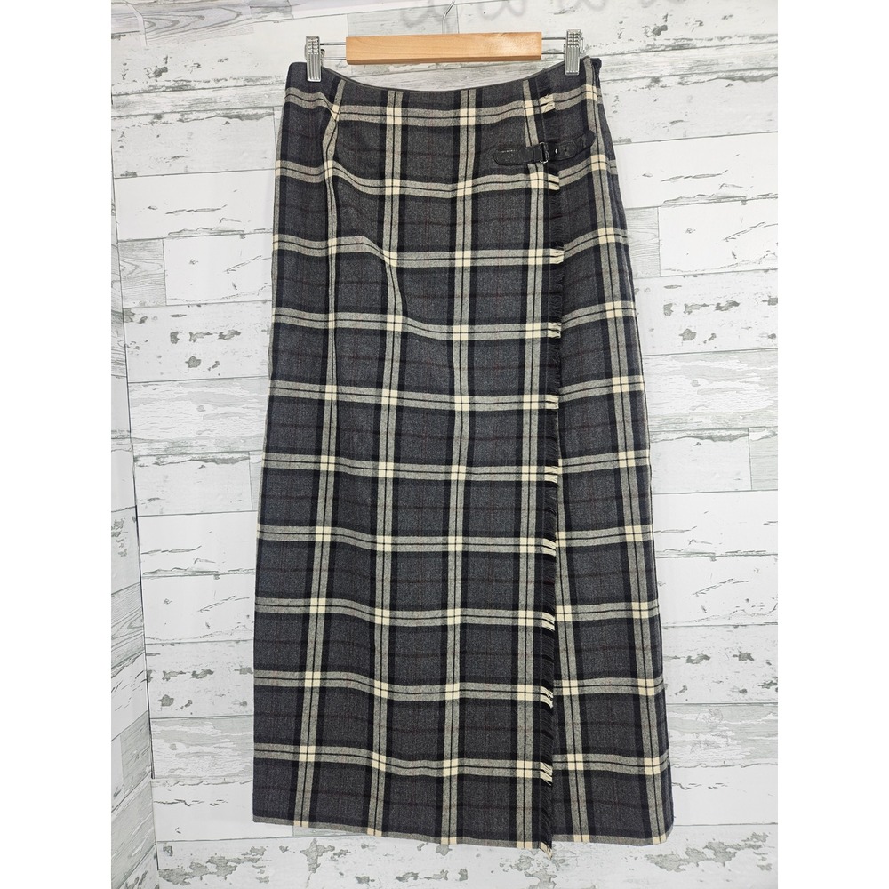 Rafaella Vintage Gray Plaid Wool Maxi Skirt Wrap Style Fringe Buckle Size 8